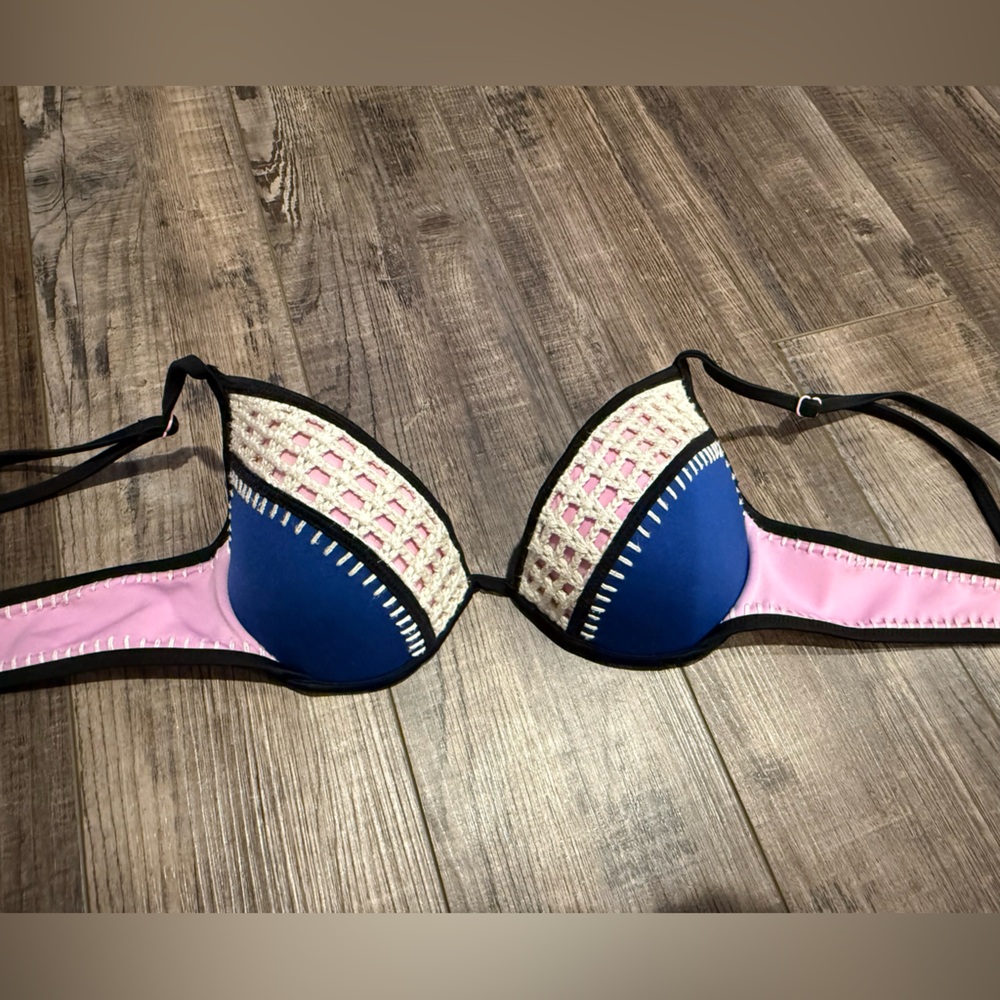 Blue and Pink Bikini Top with Crochet Detail by Victoria secret size 34C